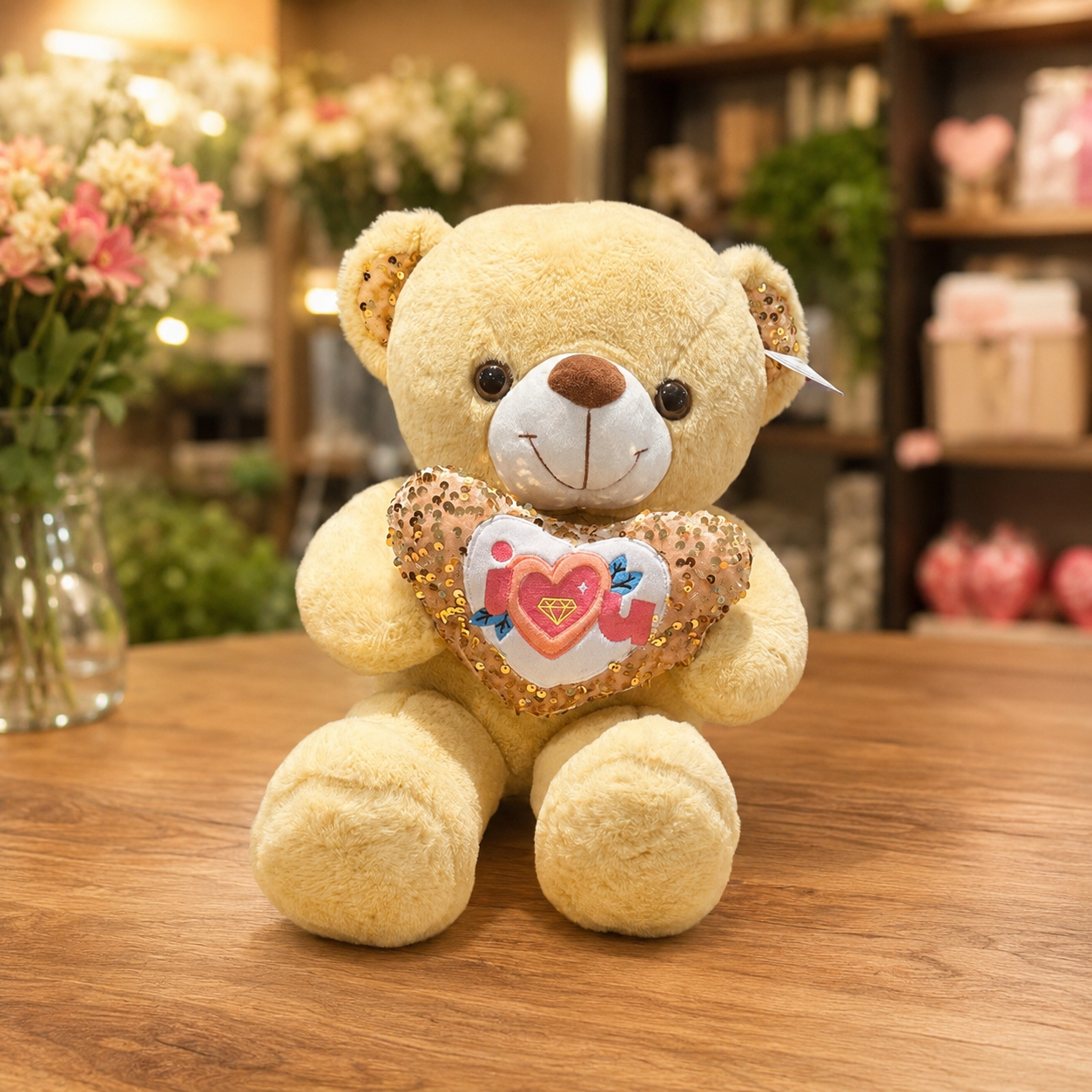 Urso de Pelúcia (G) Cor CARAMELO, com coração I LOVE YOU